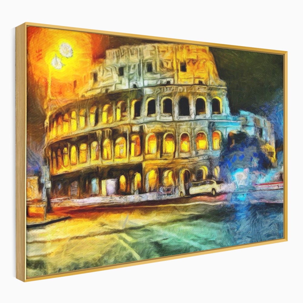 Tablou canvas cu pictura digitala cu colosseumul din roma noaptea, in rama de aluminiu auriu